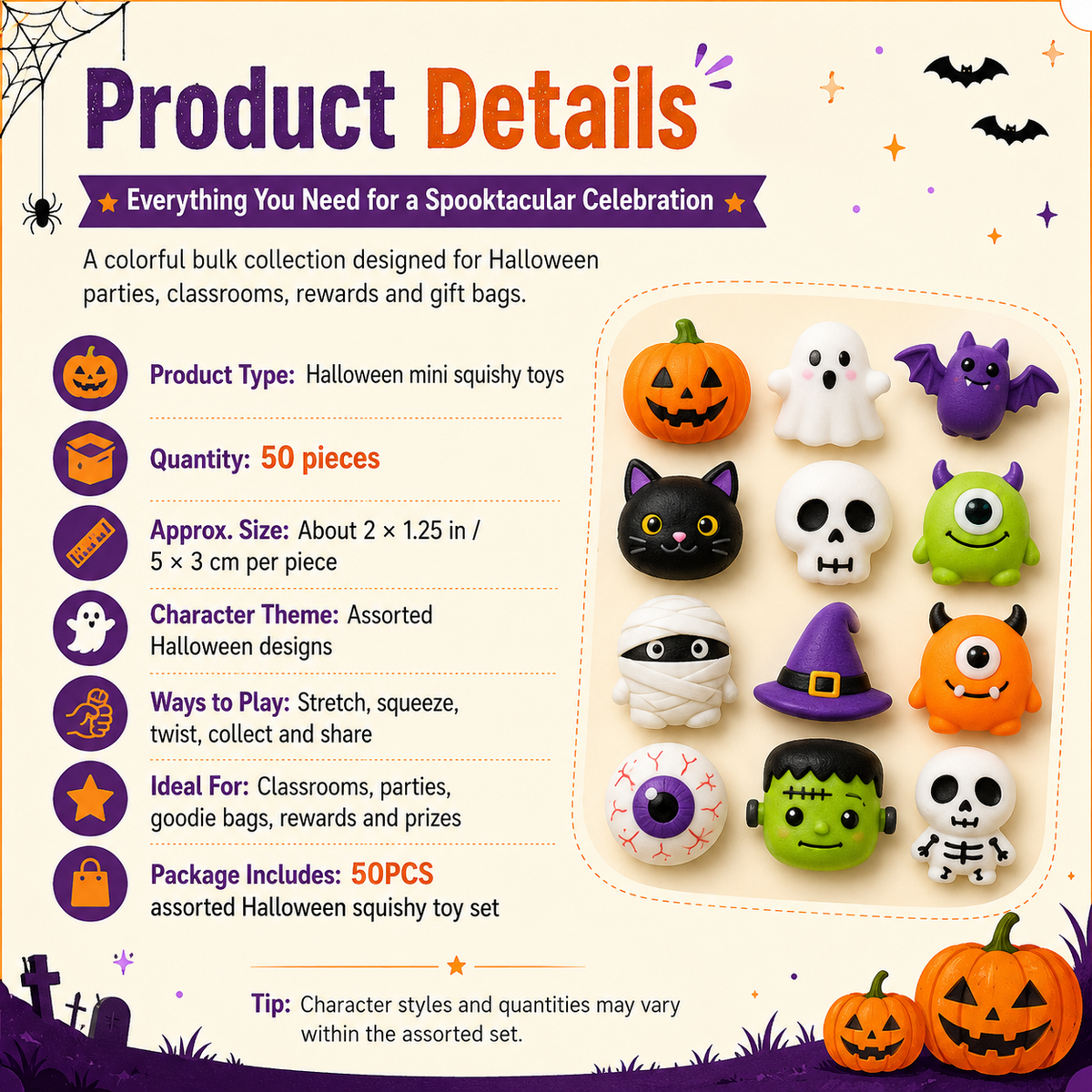 ๐ฅ Last Day 50% OFF โ 50PCS Halloween Moochi Squishy Toys for Party Favors & Spooky Fun ๐