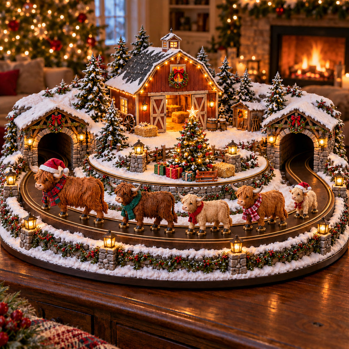 ๐ฎ๐ Animated Highland Cow Christmas Farm โ Light-Up Holiday Tabletop Dรฉcor