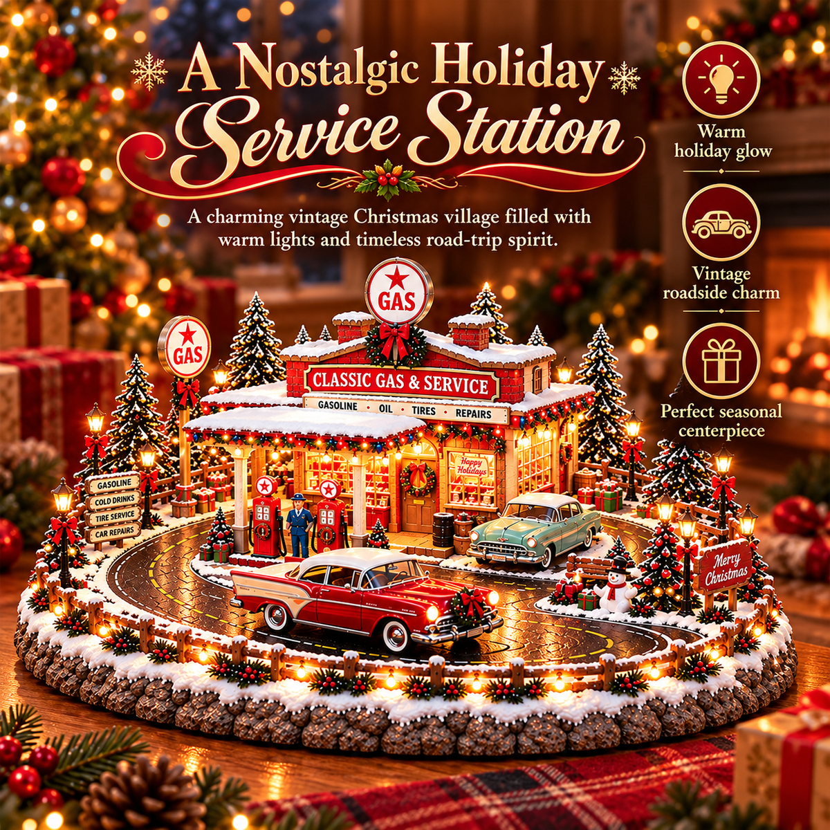 ๐๐ Christmas Classic Gas Station Villageโข โ Lighted Vintage American Gas Station with Classic Cars