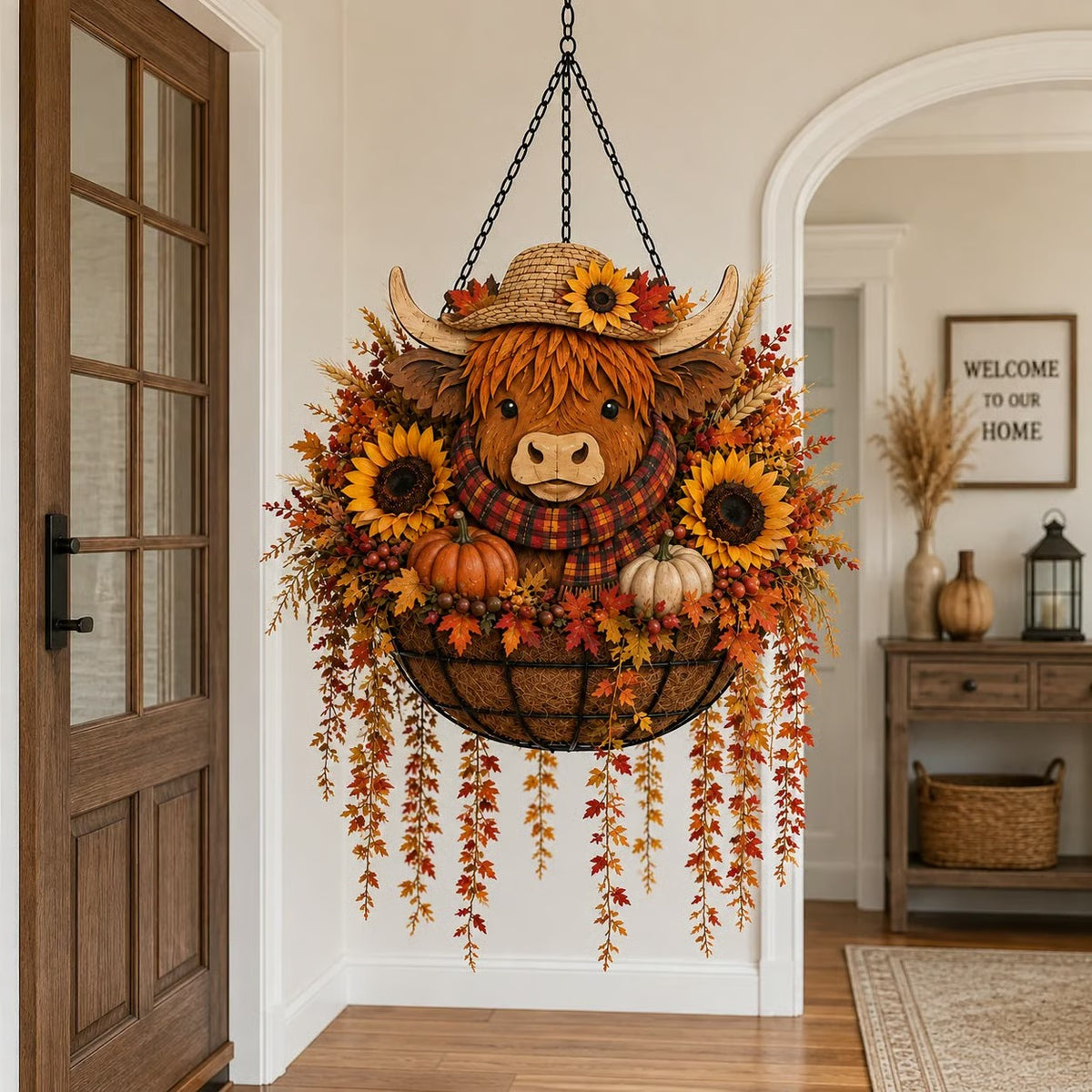 ๐ฎ๐ Highland Cow Fall Hanging Basket with Warm LED Lights โ Rustic Autumn Porch Decor & Farmhouse Welcome Accent