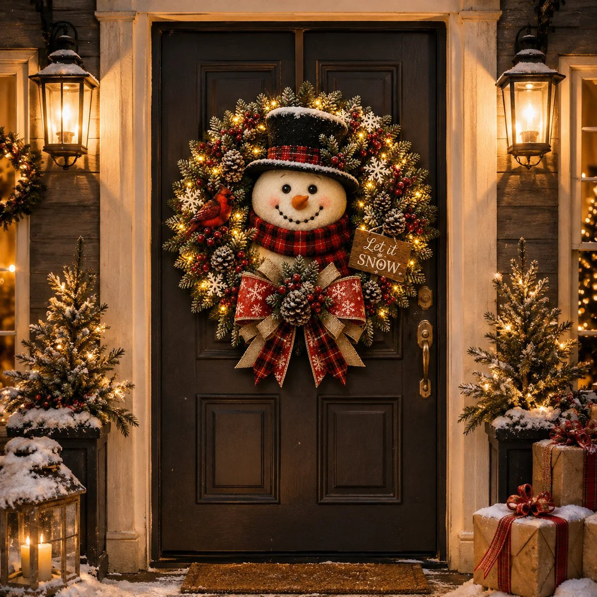 ⛄ Snowman Lighted Christmas Wreath™ – Festive Holiday Door Decor