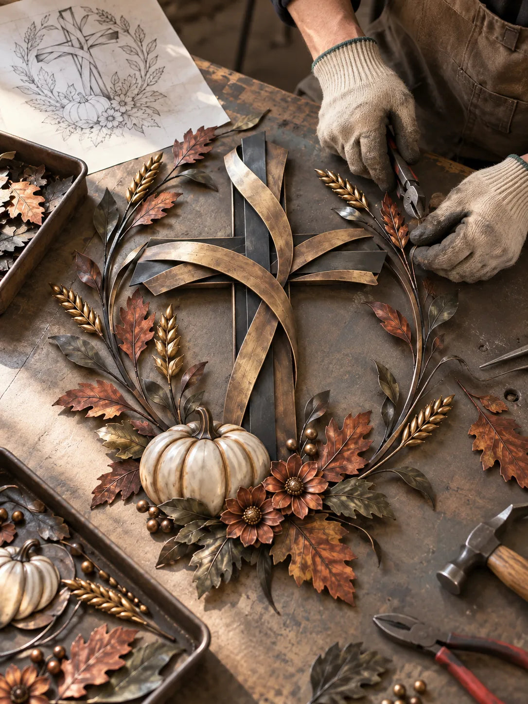 โ๏ธ๐ Autumn Cross & Pumpkin Harvest Metal Wall Decor