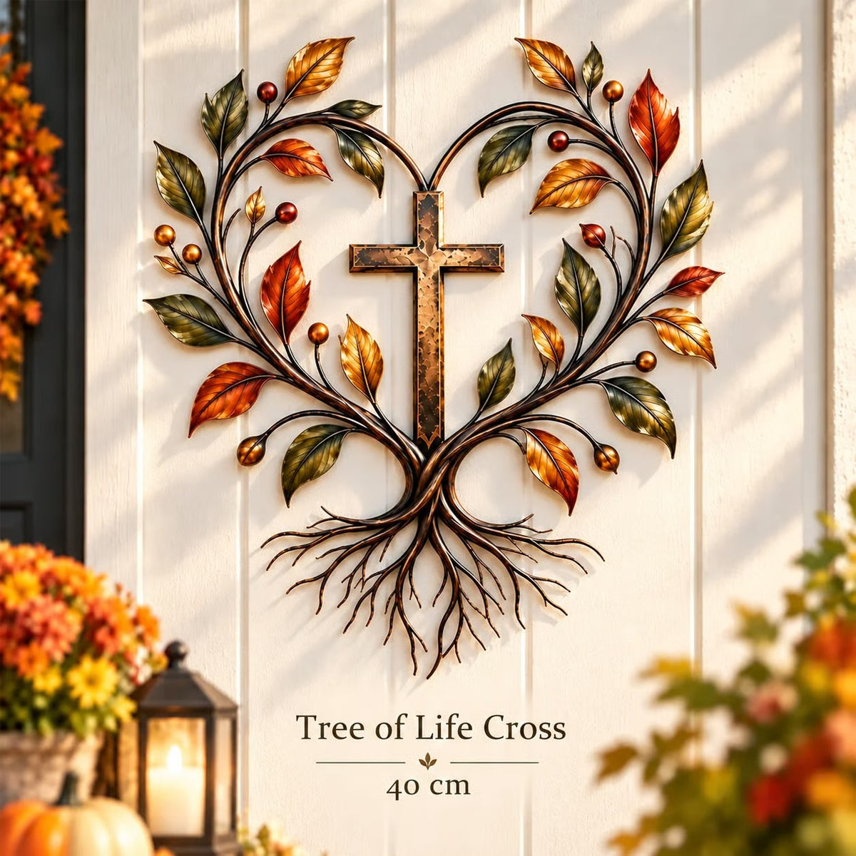 ๐ Autumn Harvest Cross Metal Wall Decor With White Pumpkin