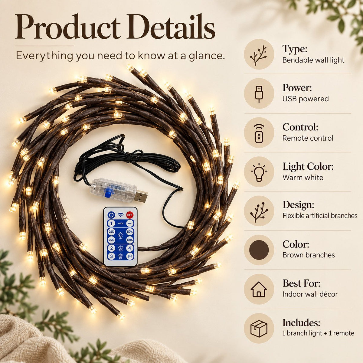 Flexible LED branch lights product details and package components