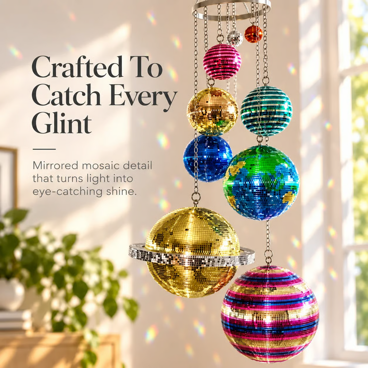 ๐ Solar System Disco Ball Hanging Mobile โ Colorful Reflective Celestial Room Decor