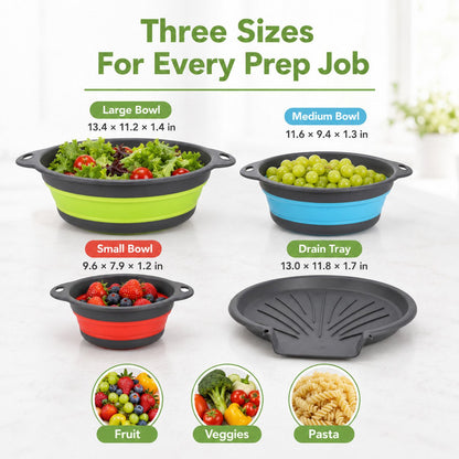 4-Piece Collapsible Colander Set – 3 Sizes with Self-Draining Tray