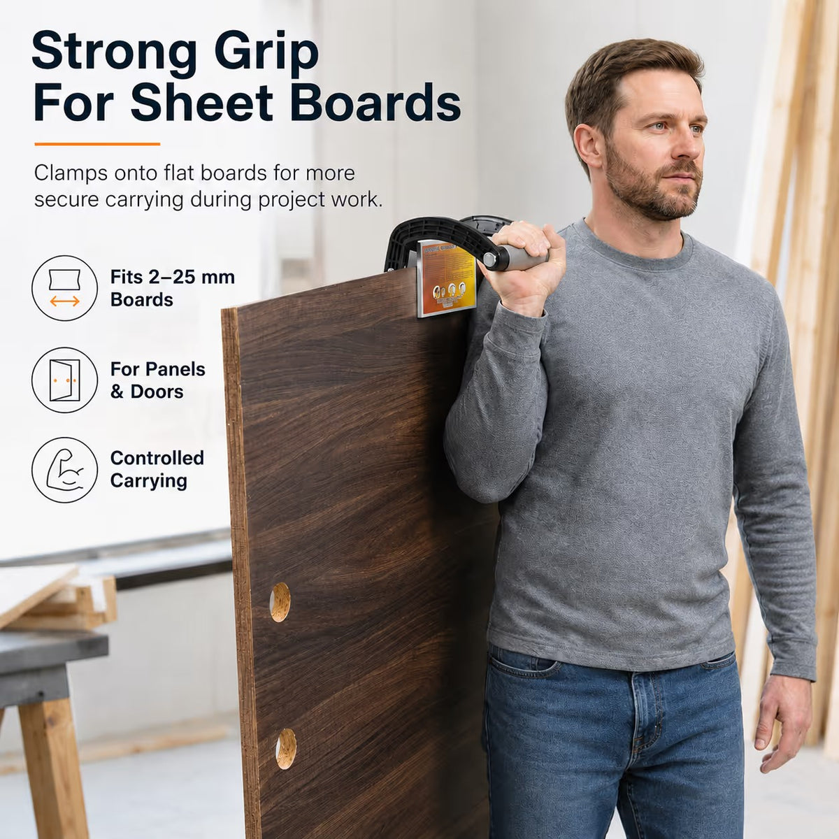 Heavy-Duty Board Carrying Handle for Plywood, MDF, Doors & Sheet Panels