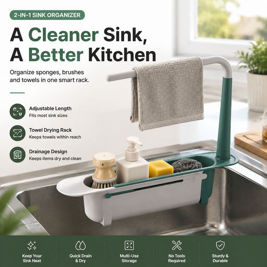 ✨ 2-in-1 Sink Organizer Rack – Expandable Sponge Holder & Kitchen Towel Drying Bar