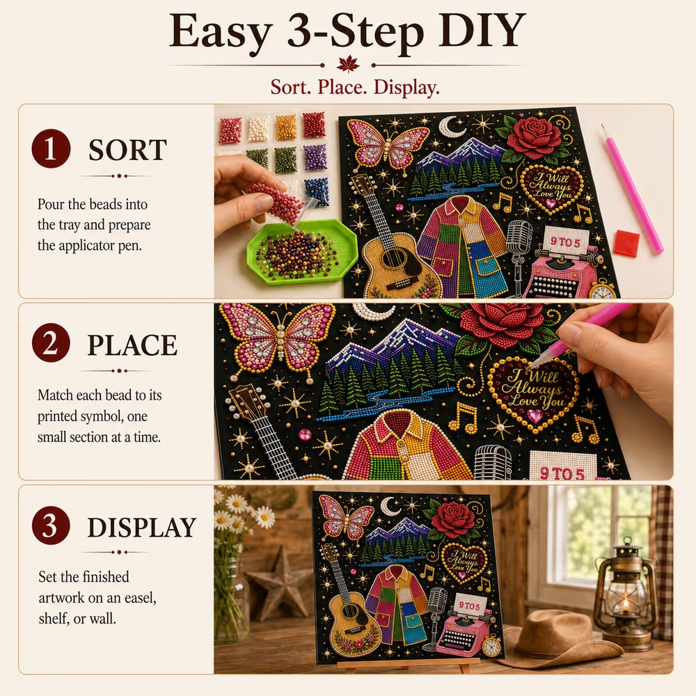 🎤 Premium 3D Pearl Dolly Country Music Tribute Art Kit | Luxury Flocked Canvas with Scratch-Resistant Non-Fading plastic Pearls & Faceted Drills DIY Keepsake Decor 💎✨