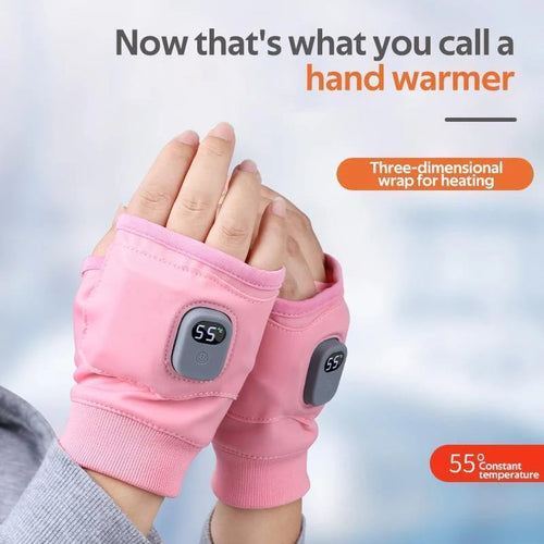 Pink rechargeable fingerless heated gloves with temperature display