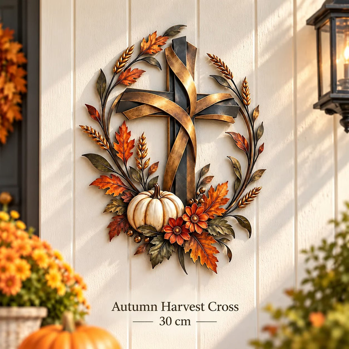 🍂 Autumn Harvest Cross Metal Wall Decor With White Pumpkin