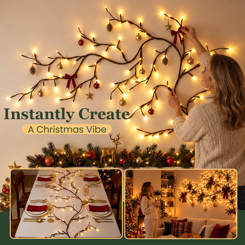 Woman decorating flexible LED branch lights for Christmas