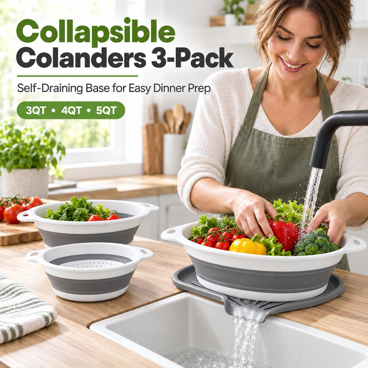 💧 3-Piece Collapsible Colander Set with Self-Draining Base – 3QT, 4QT & 5QT Space-Saving Kitchen Strainers