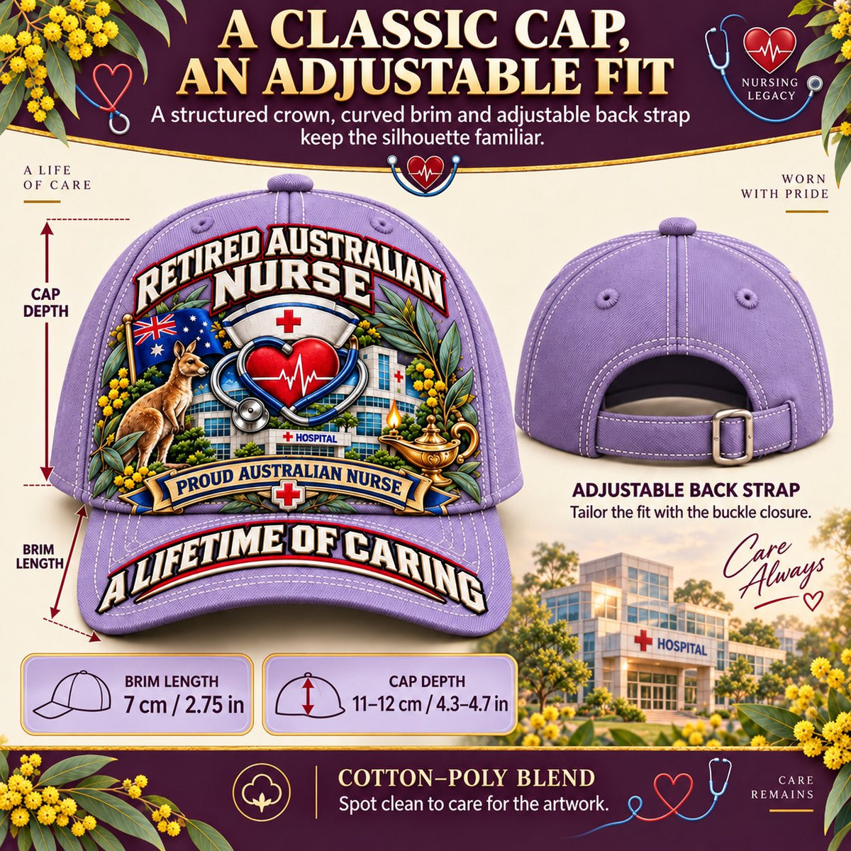 👩‍⚕️💖 “A Lifetime of Caring” Retired Australian Nurse Commemorative Cap| Cotton-Poly Blend • Detailed Embroidery • Adjustable Fit