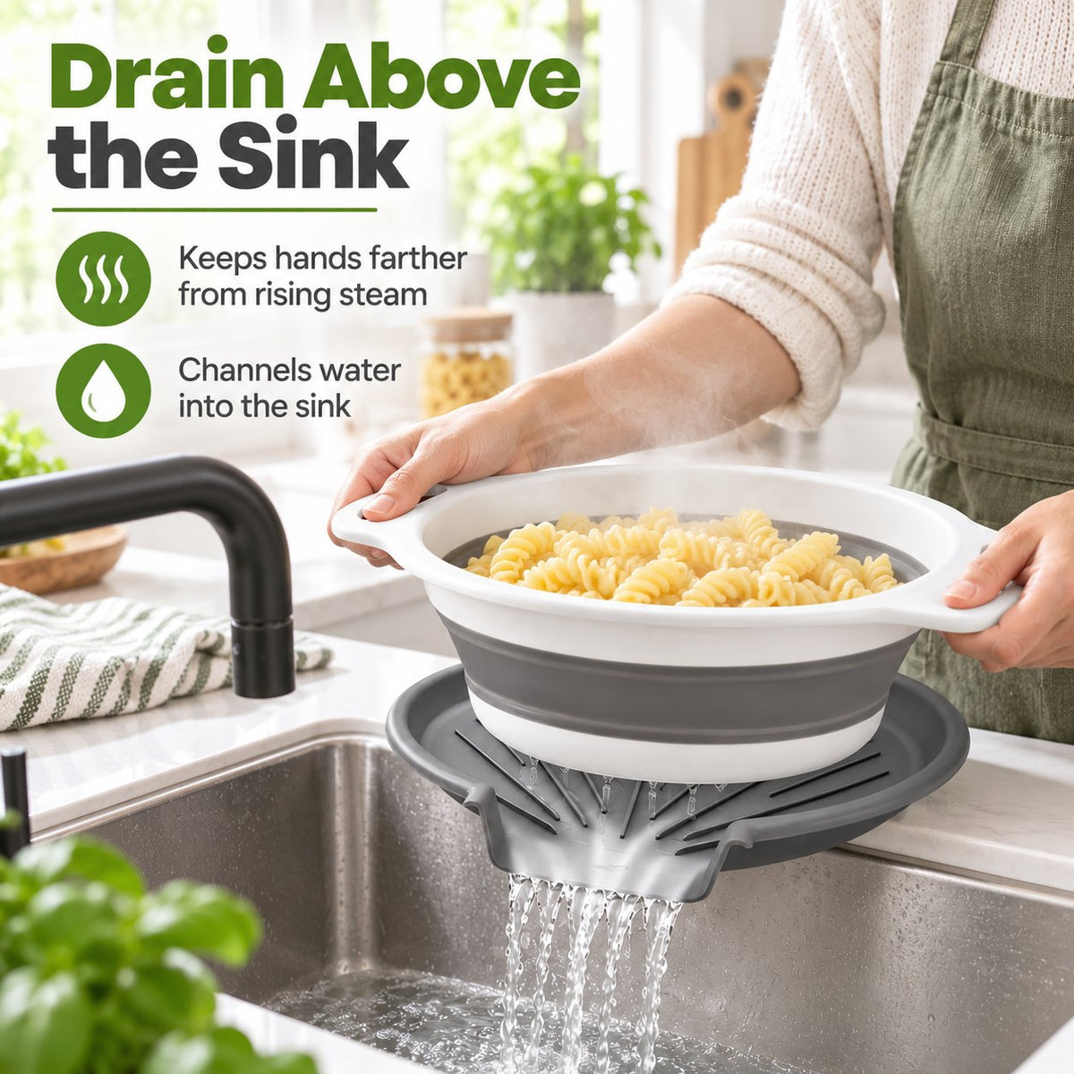 💧 3-Piece Collapsible Colander Set with Self-Draining Base – 3QT, 4QT & 5QT Space-Saving Kitchen Strainers