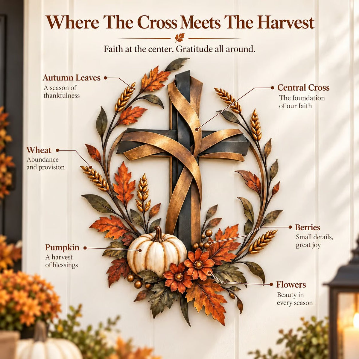 🍂 Autumn Harvest Cross Metal Wall Decor With White Pumpkin