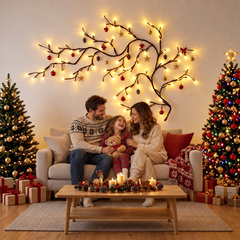 Flexible LED branch lights in a cozy family Christmas living room