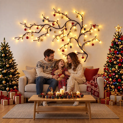 Flexible LED branch lights in a cozy family Christmas living room