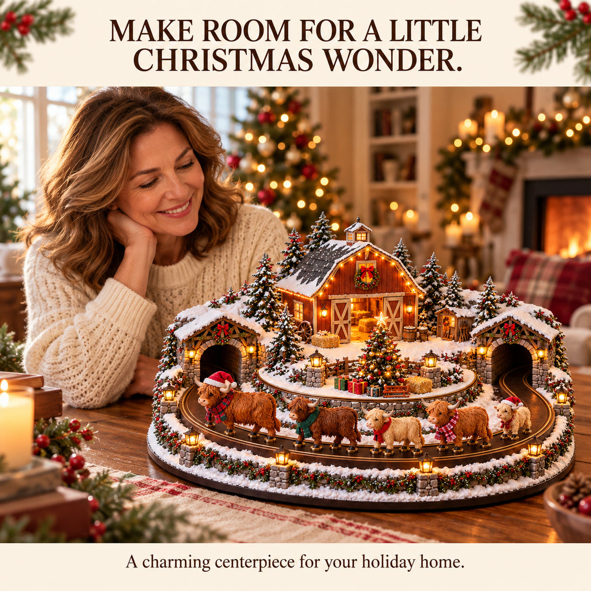 🐮🎄 Animated Highland Cow Christmas Farm – Light-Up Holiday Tabletop Décor
