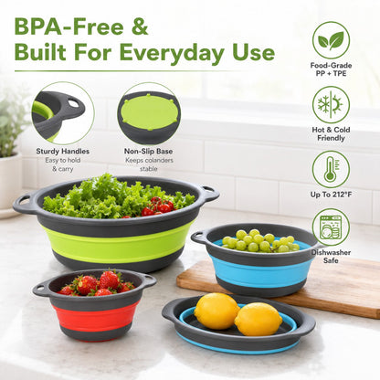 4-Piece Collapsible Colander Set – 3 Sizes with Self-Draining Tray