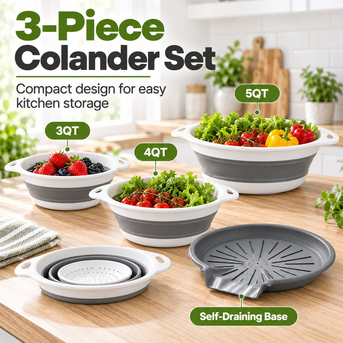 💧 3-Piece Collapsible Colander Set with Self-Draining Base – 3QT, 4QT & 5QT Space-Saving Kitchen Strainers