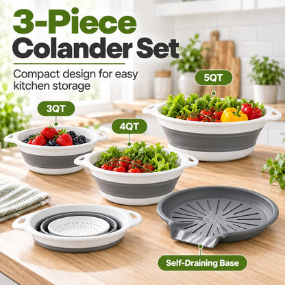 💧 3-Piece Collapsible Colander Set with Self-Draining Base – 3QT, 4QT & 5QT Space-Saving Kitchen Strainers