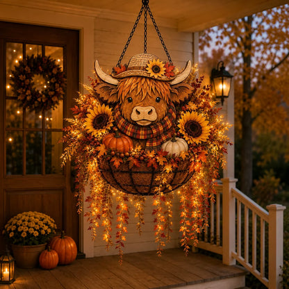 🐮🎃 Highland Cow Fall Hanging Basket with Warm LED Lights – Rustic Autumn Porch Decor & Farmhouse Welcome Accent