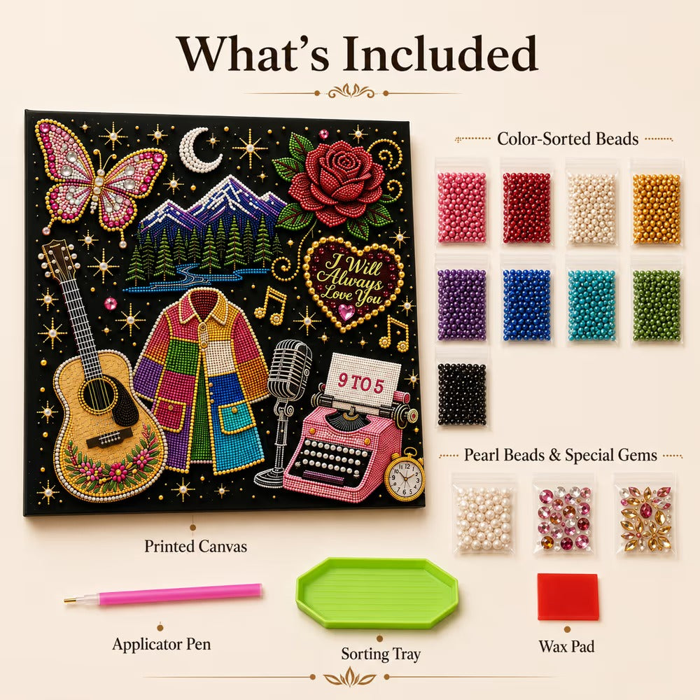 🎤 Premium 3D Pearl Dolly Country Music Tribute Art Kit | Luxury Flocked Canvas with Scratch-Resistant Non-Fading plastic Pearls & Faceted Drills DIY Keepsake Decor 💎✨