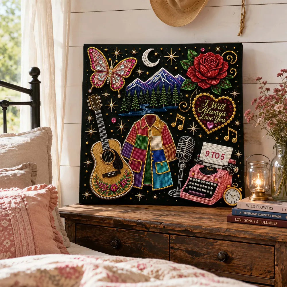 🎤 Premium 3D Pearl Dolly Country Music Tribute Art Kit | Luxury Flocked Canvas with Scratch-Resistant Non-Fading plastic Pearls & Faceted Drills DIY Keepsake Decor 💎✨