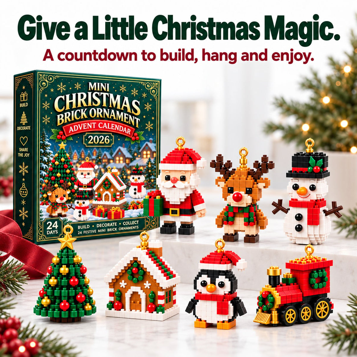 🎄 24-Day Mini Christmas Ornament Advent Calendar | 24 unique festive buildable designs with hanging loops—perfect for decorating Christmas trees, wreaths, and holiday displays 🧱
