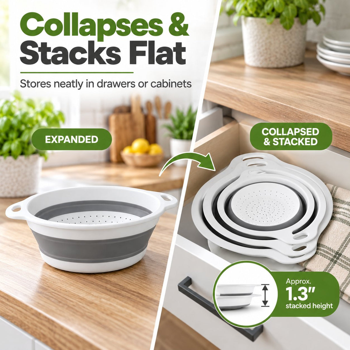 💧 3-Piece Collapsible Colander Set with Self-Draining Base – 3QT, 4QT & 5QT Space-Saving Kitchen Strainers