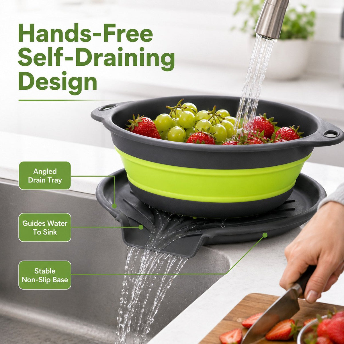 4-Piece Collapsible Colander Set – 3 Sizes with Self-Draining Tray