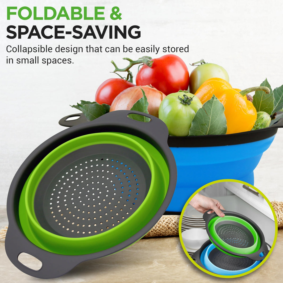 4-Piece Collapsible Colander Set – 3 Sizes with Self-Draining Tray