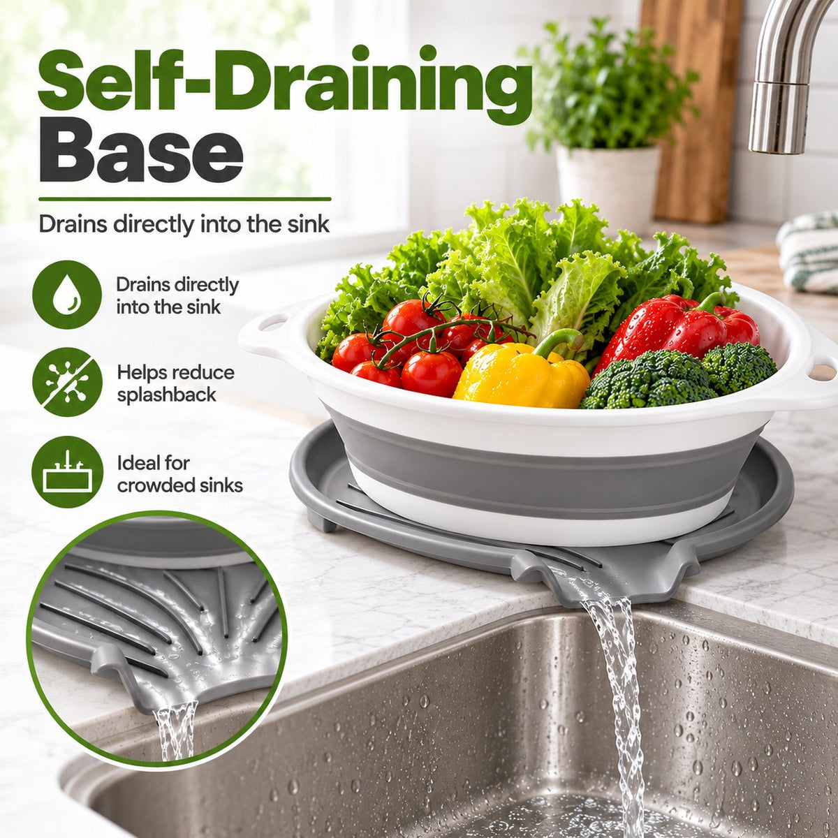 💧 3-Piece Collapsible Colander Set with Self-Draining Base – 3QT, 4QT & 5QT Space-Saving Kitchen Strainers