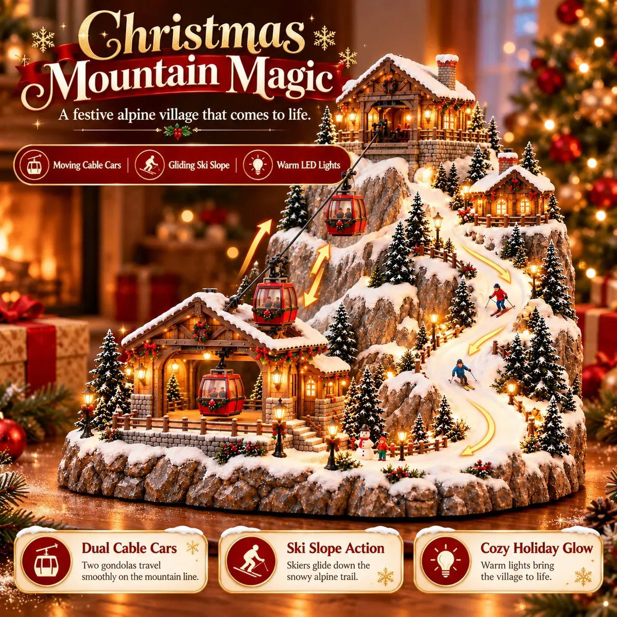 Animated Christmas Mountain Cable Car & Ski Village Scene ✨