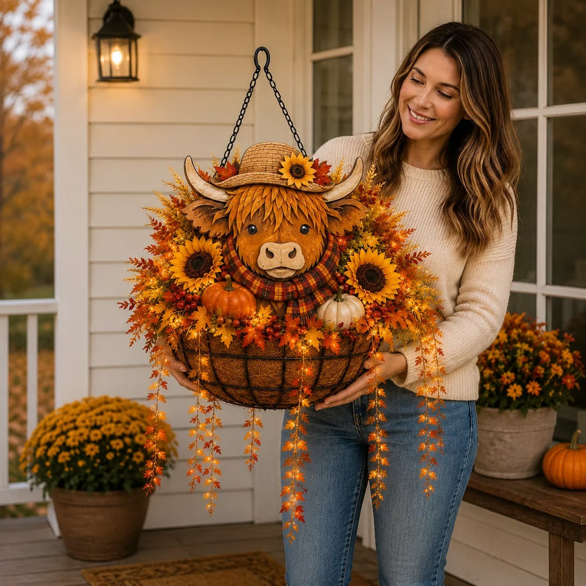 🐮🎃 Highland Cow Fall Hanging Basket with Warm LED Lights – Rustic Autumn Porch Decor & Farmhouse Welcome Accent
