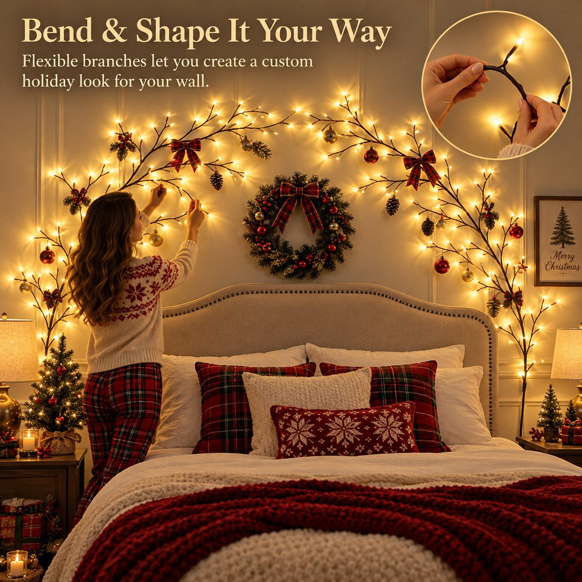 Bendable LED branch wall lights arranged around a holiday bedroom