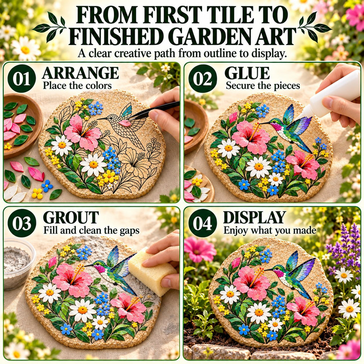 ⏳ Last Day 50% OFF – 🐦 Beginner-Friendly Hummingbird Wildflower Mosaic DIY Kit | Complete Kit with Mosaic Pieces, Tools & Guide Included 💕
