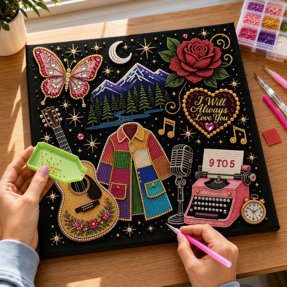 🎤 Premium 3D Pearl Dolly Country Music Tribute Art Kit | Luxury Flocked Canvas with Scratch-Resistant Non-Fading plastic Pearls & Faceted Drills DIY Keepsake Decor 💎✨