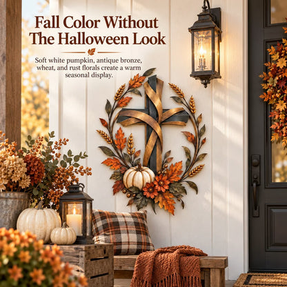🍂 Autumn Harvest Cross Metal Wall Decor With White Pumpkin