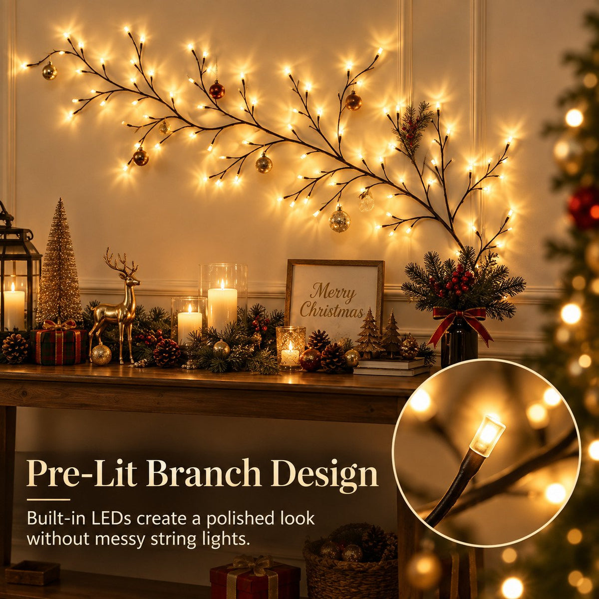 Pre-lit branch design with integrated warm LEDs
