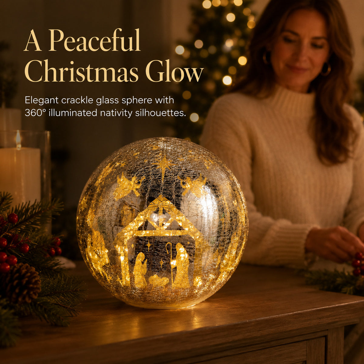 Illuminated Crackle Glass Nativity Sphere with Hidden Scene