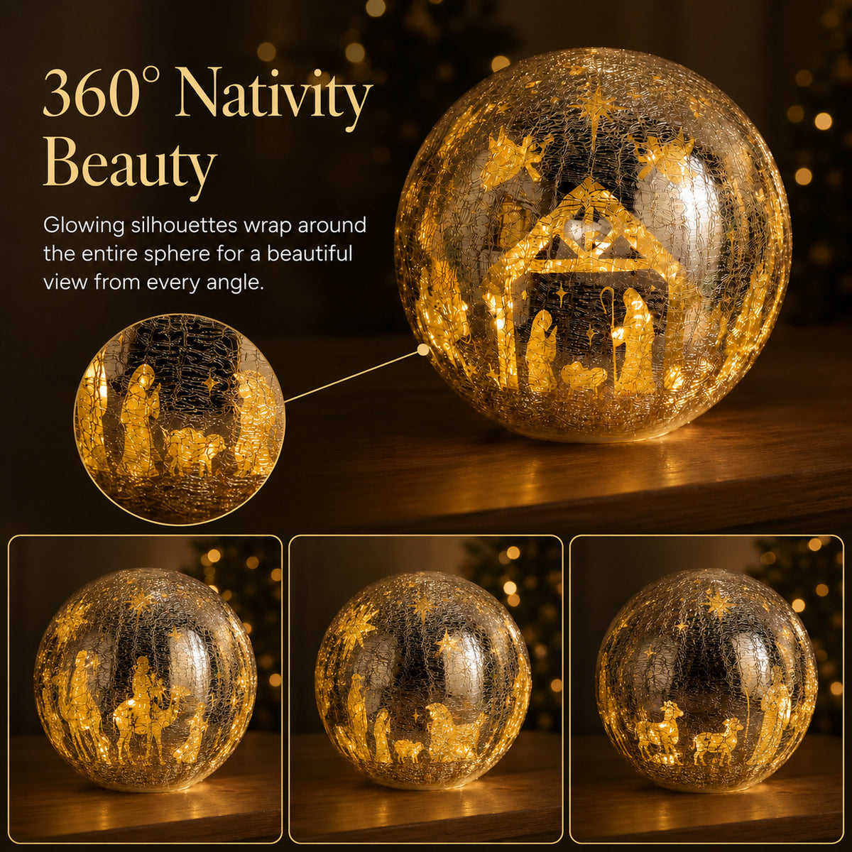 Illuminated Crackle Glass Nativity Sphere with Hidden Scene