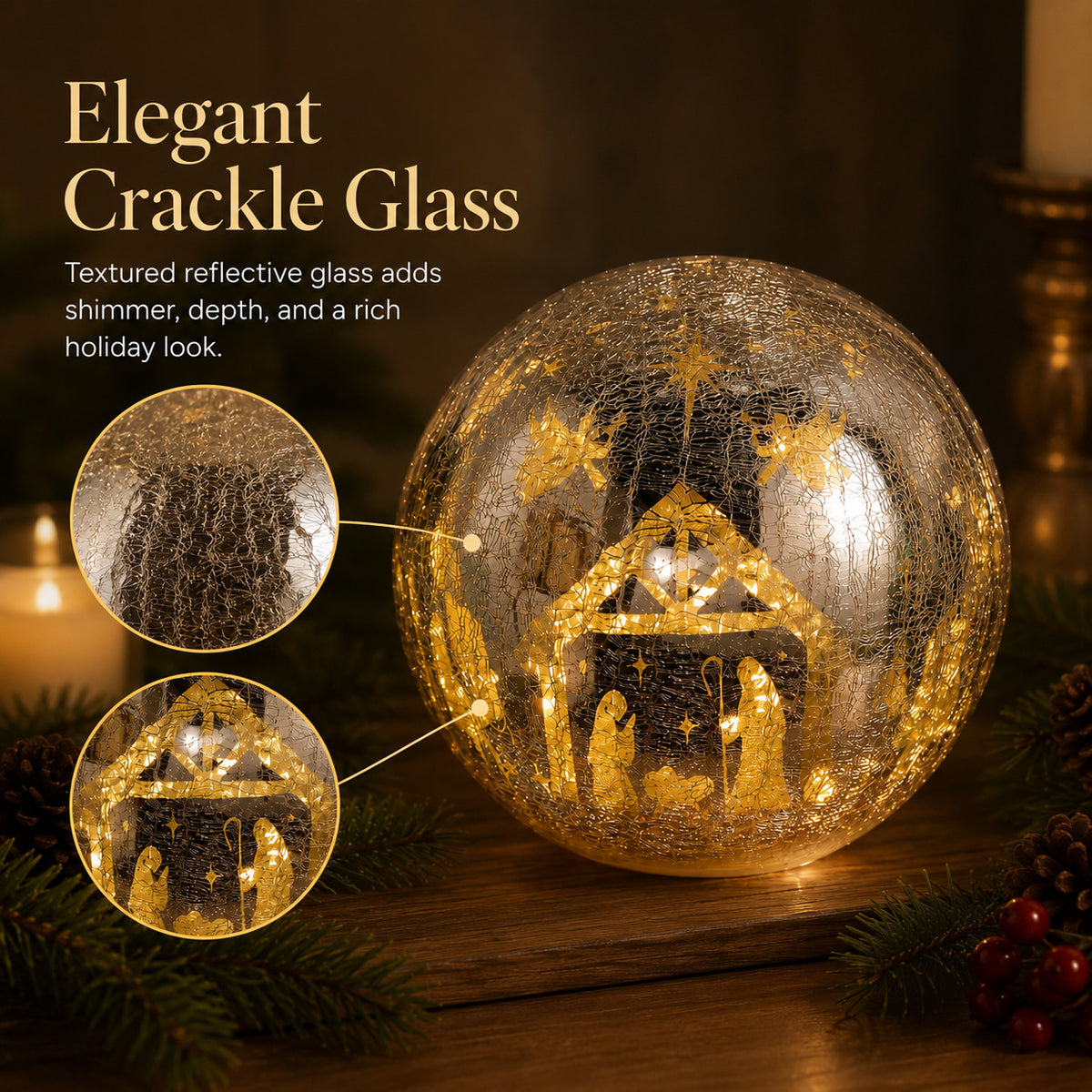 Illuminated Crackle Glass Nativity Sphere with Hidden Scene