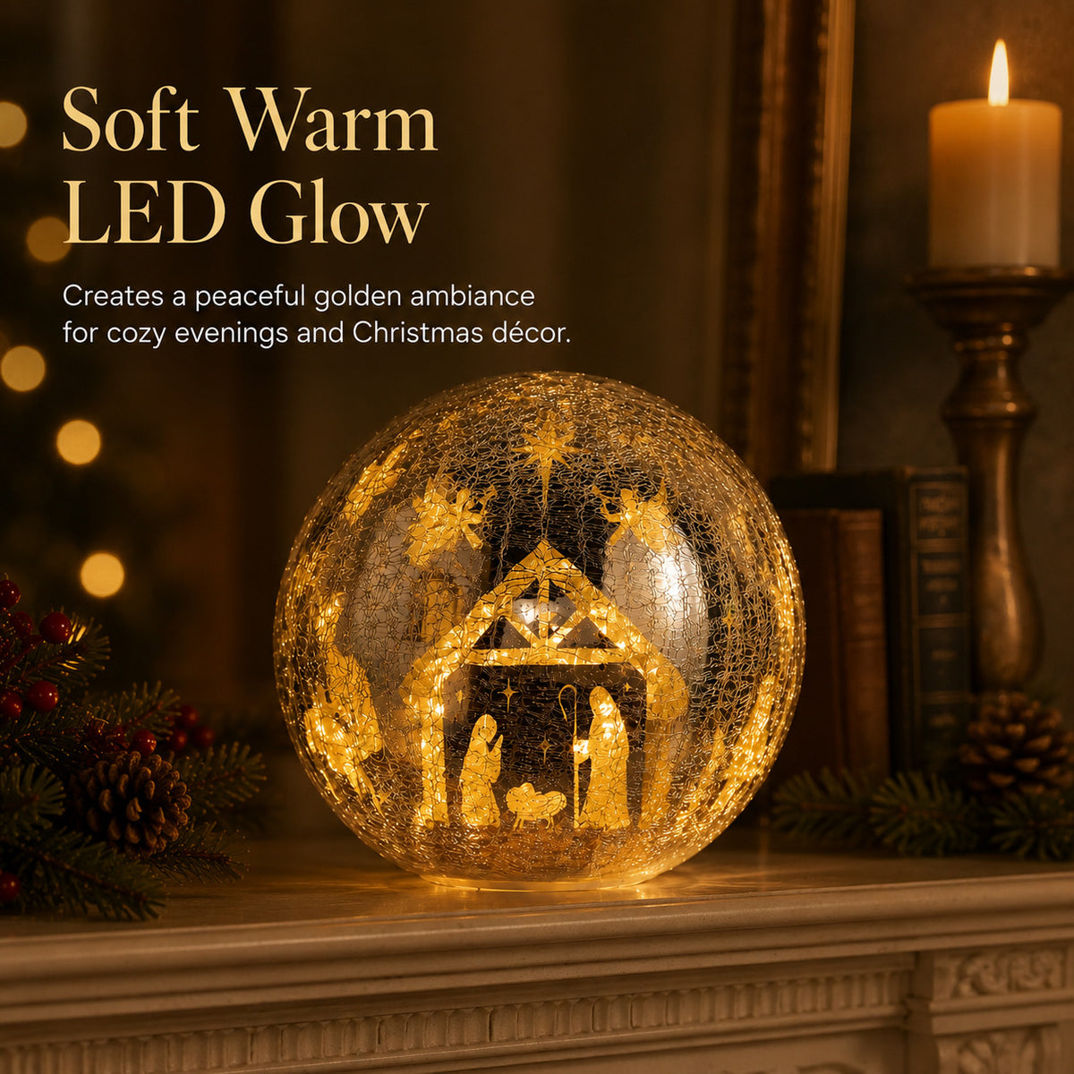 Illuminated Crackle Glass Nativity Sphere with Hidden Scene