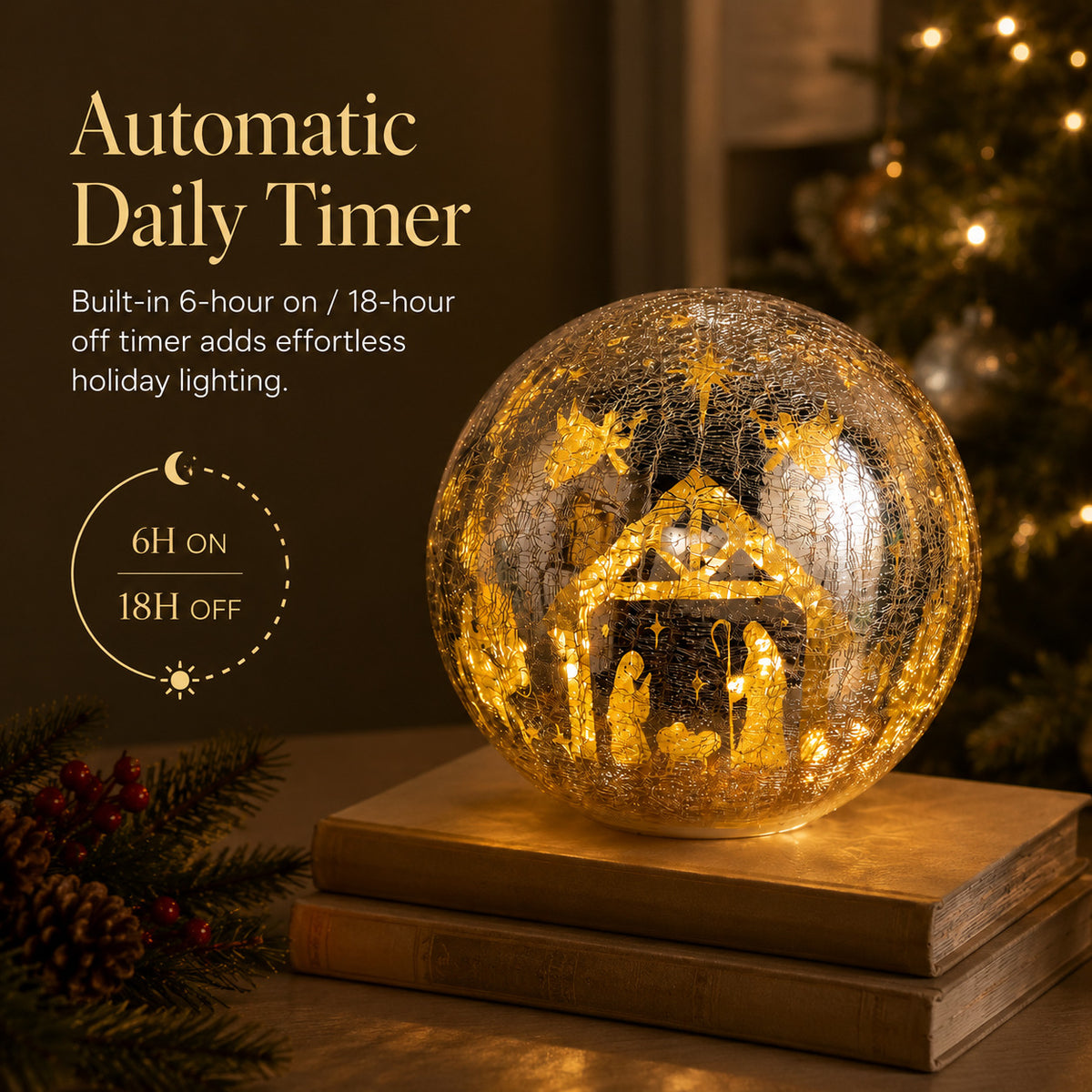 Illuminated Crackle Glass Nativity Sphere with Hidden Scene