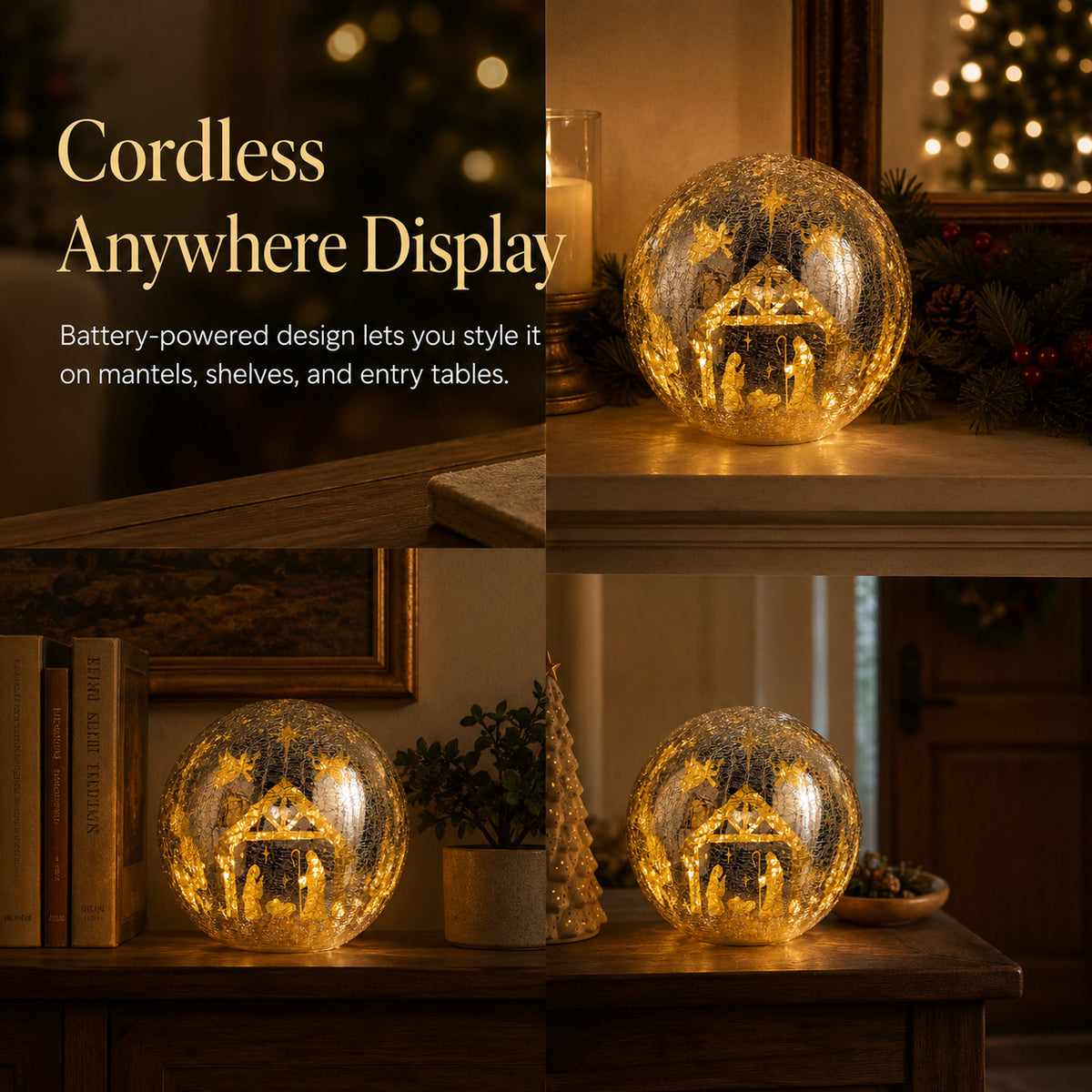 Illuminated Crackle Glass Nativity Sphere with Hidden Scene