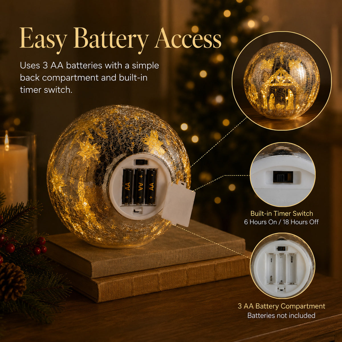 Illuminated Crackle Glass Nativity Sphere with Hidden Scene