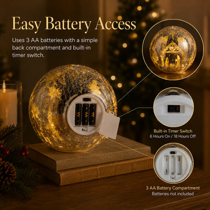 Illuminated Crackle Glass Nativity Sphere with Hidden Scene