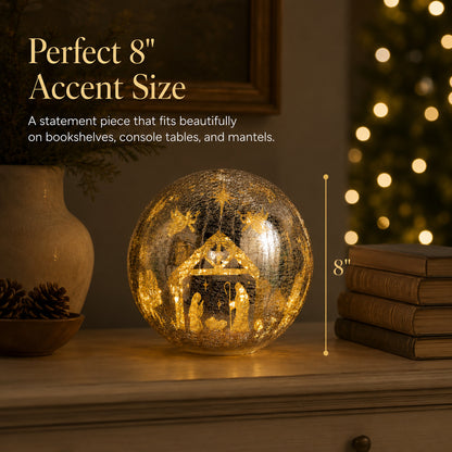 Illuminated Crackle Glass Nativity Sphere with Hidden Scene